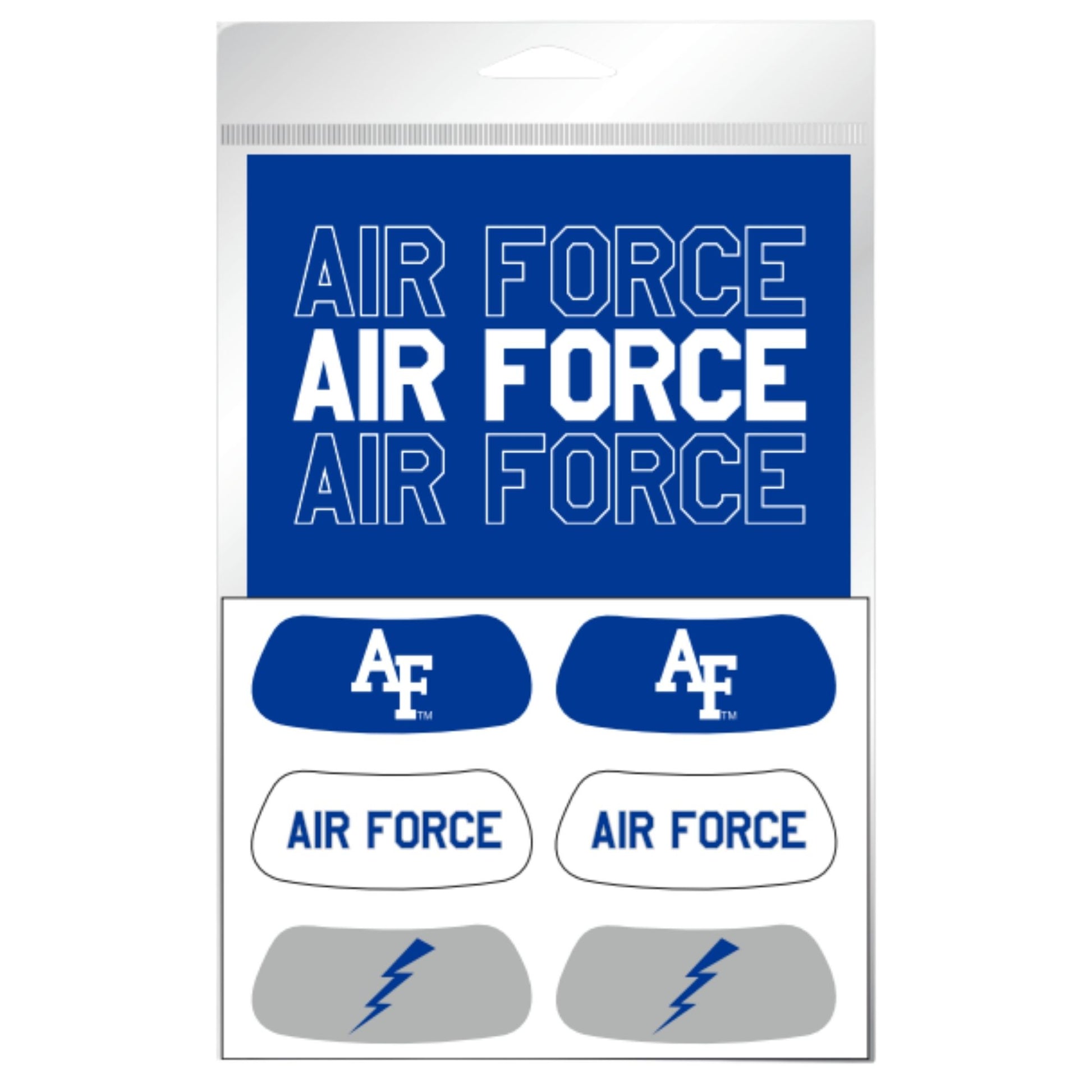 Air Force sticker sheet with AF logo decals, Air Force text stickers, and lightning bolt graphics