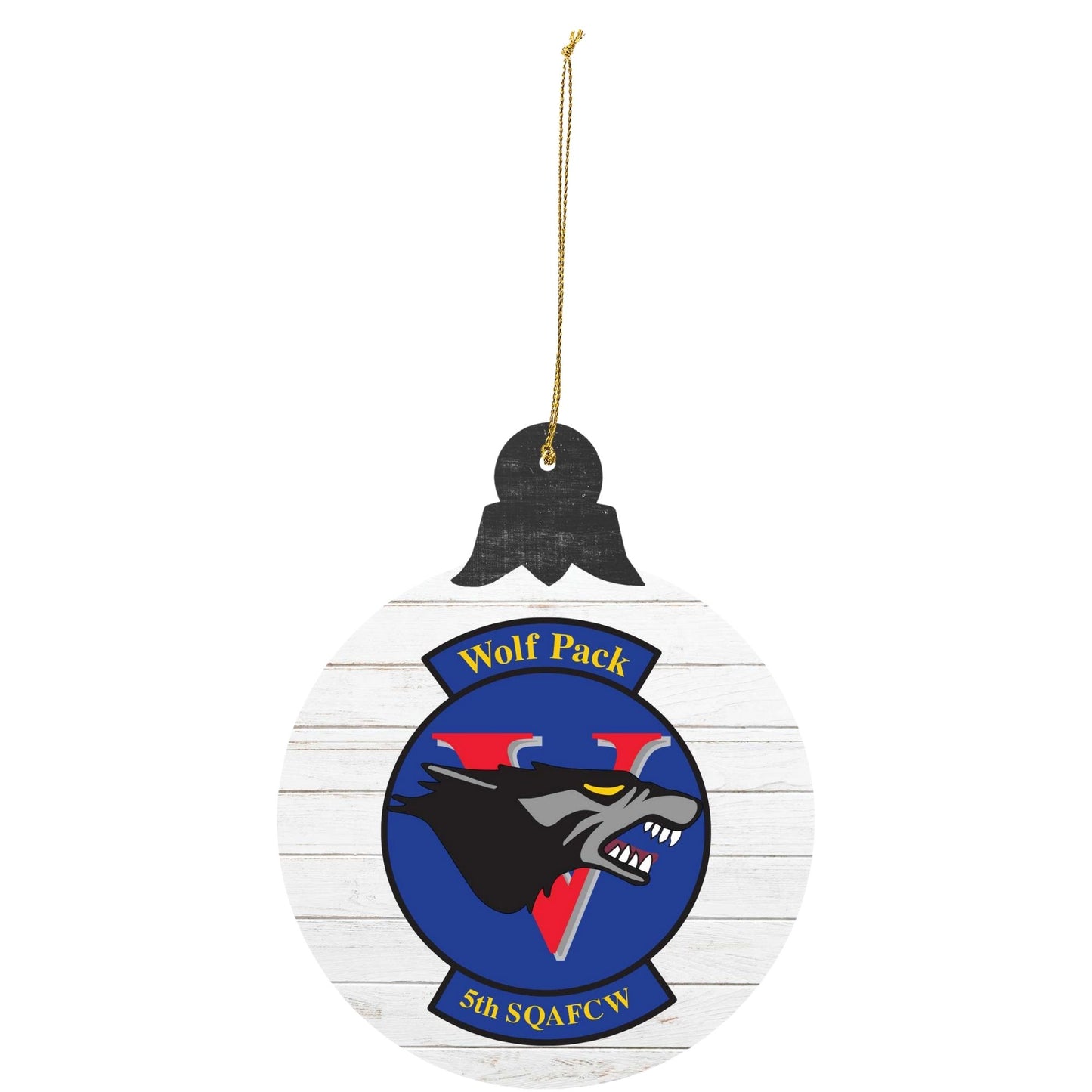 Air Force Academy Cadet Squadron 05 ‘Wolfpack’ tree ornament featuring wolf head squadron crest in blue and red.