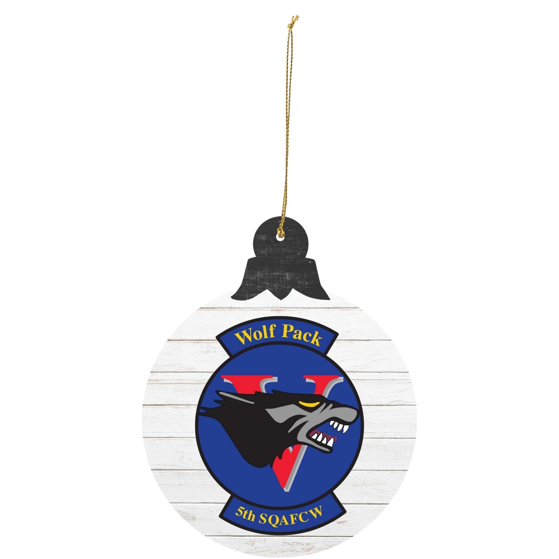 Air Force Academy Cadet Squadron 05 ‘Wolfpack’ tree ornament featuring wolf head squadron crest in blue and red.