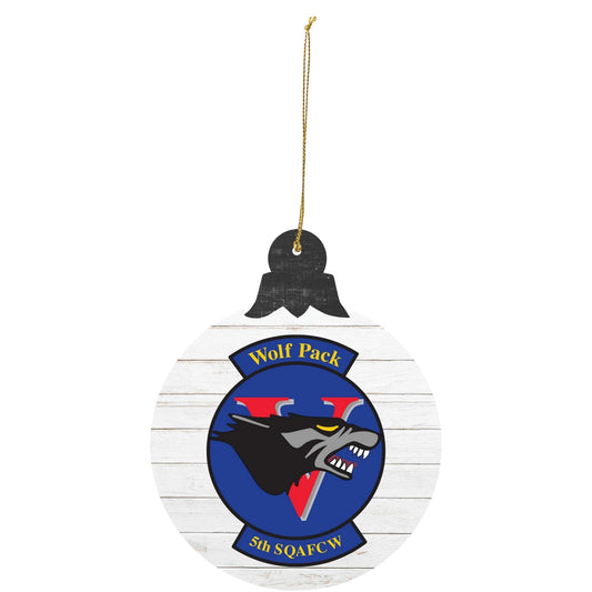 Air Force Academy Cadet Squadron 05 ‘Wolfpack’ tree ornament featuring wolf head squadron crest in blue and red.