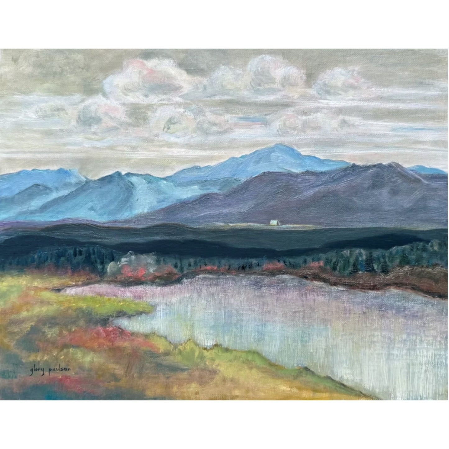 Air Force Academy ‘Calm Waters’ linen card with mountain landscape, lake, and Cadet Chapel artwork