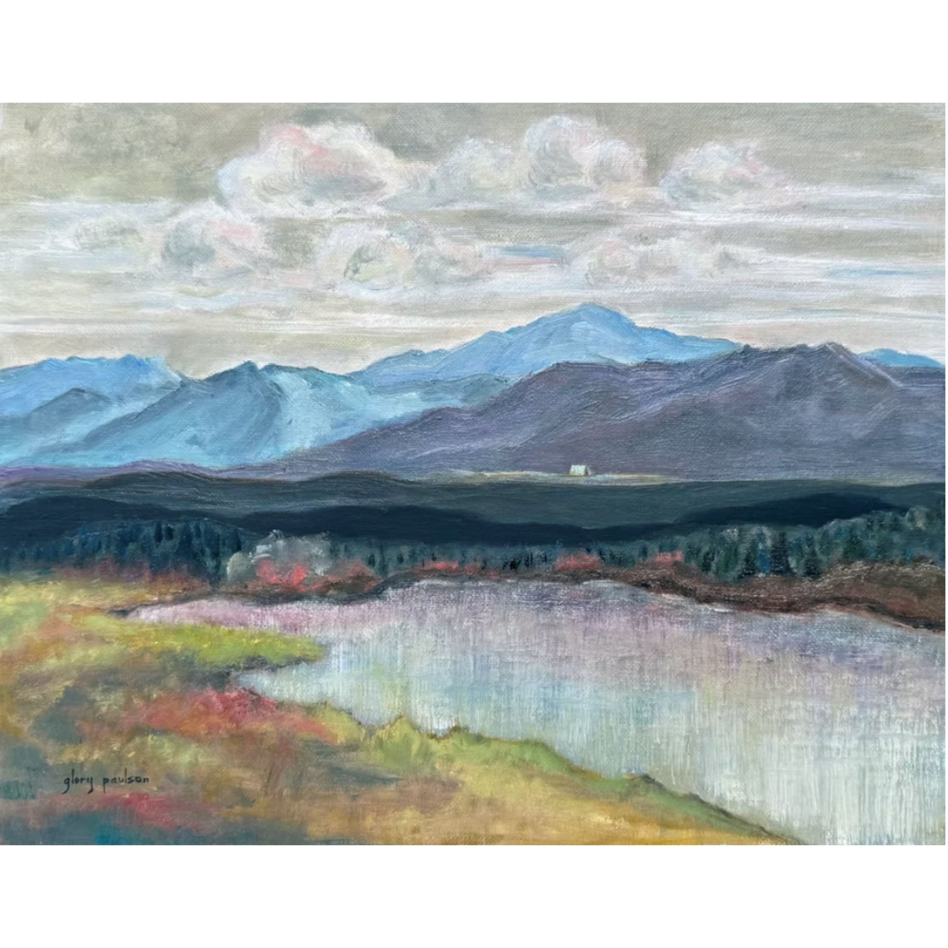 Air Force Academy ‘Calm Waters’ linen card with mountain landscape, lake, and Cadet Chapel artwork