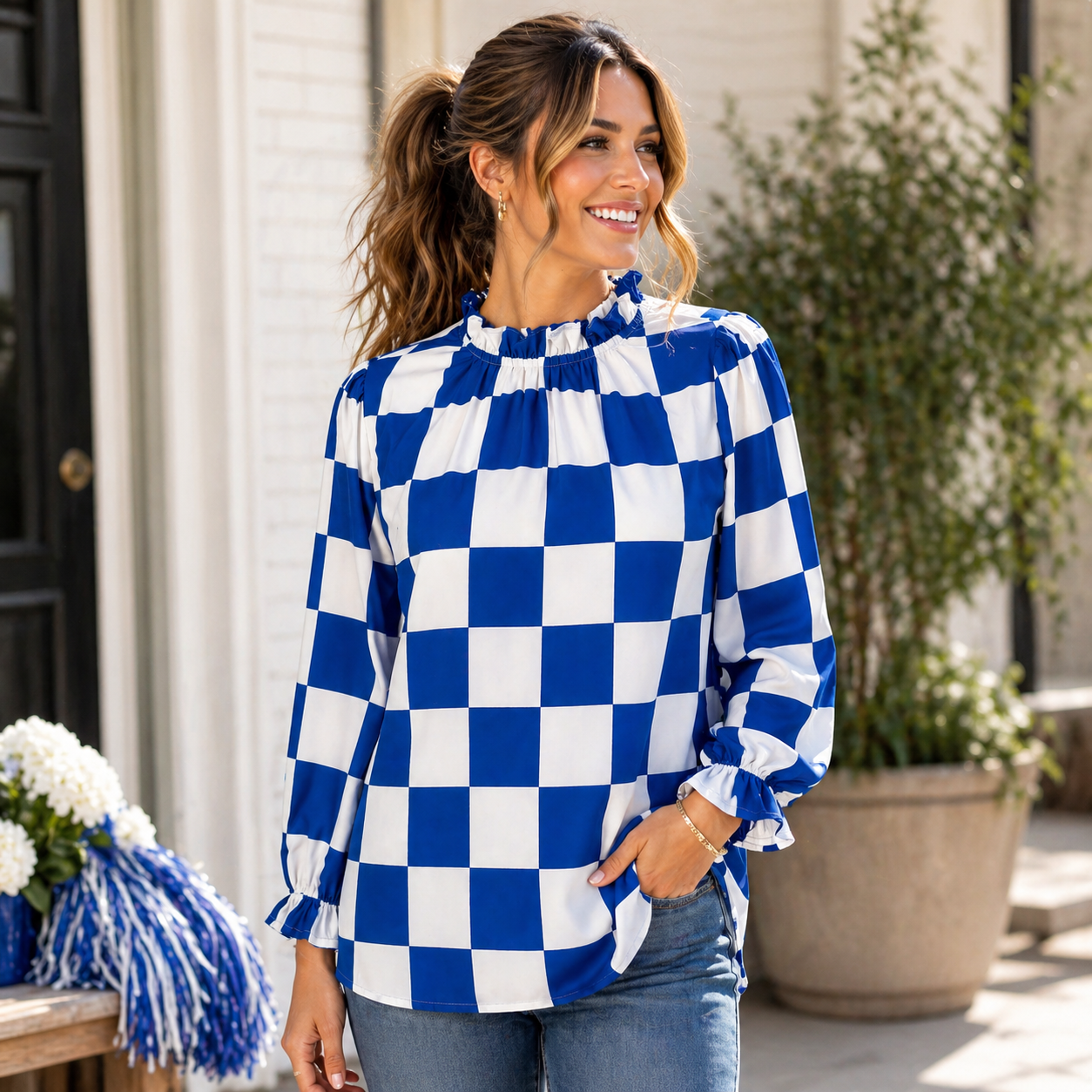 Blue & White Gameday Check Long Sleeve Blouse