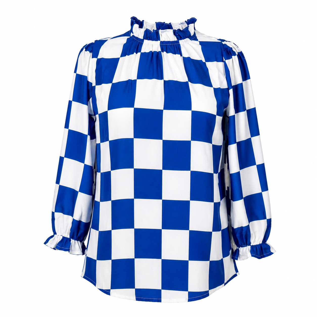 Blue & White Gameday Check Long Sleeve Blouse