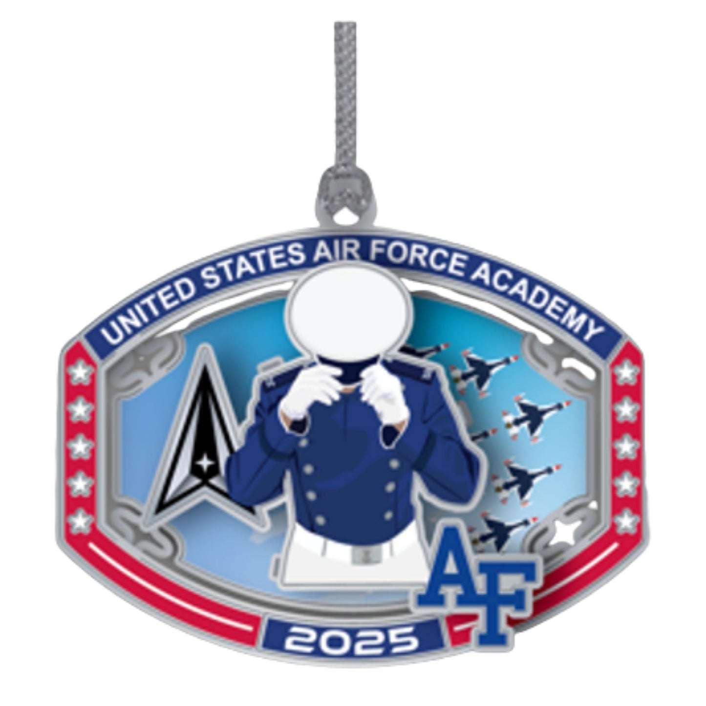 2025 collectible holiday ornament featuring USAFA cadet uniform, Space Force delta, and Thunderbirds flyover