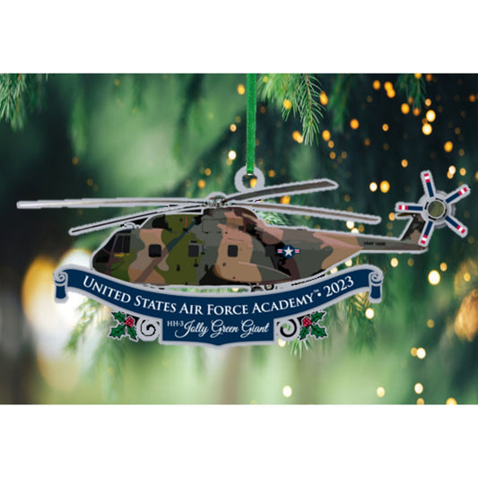 2023 USAFA collectible holiday ornament featuring HH-3 Jolly Green Giant helicopter design