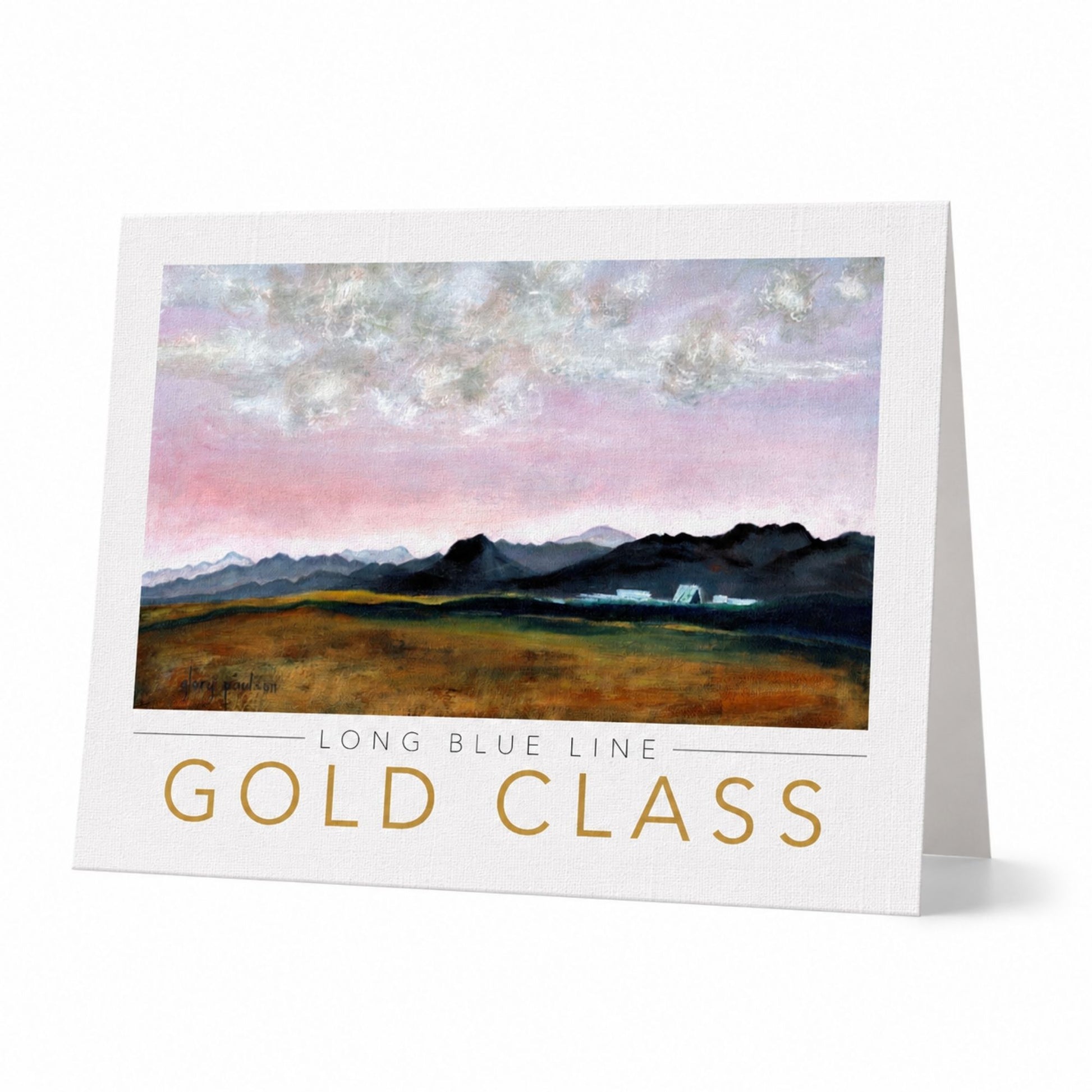 Air Force Long Blue Line Gold Class linen card with mountain landscape and Cadet Chapel artwork