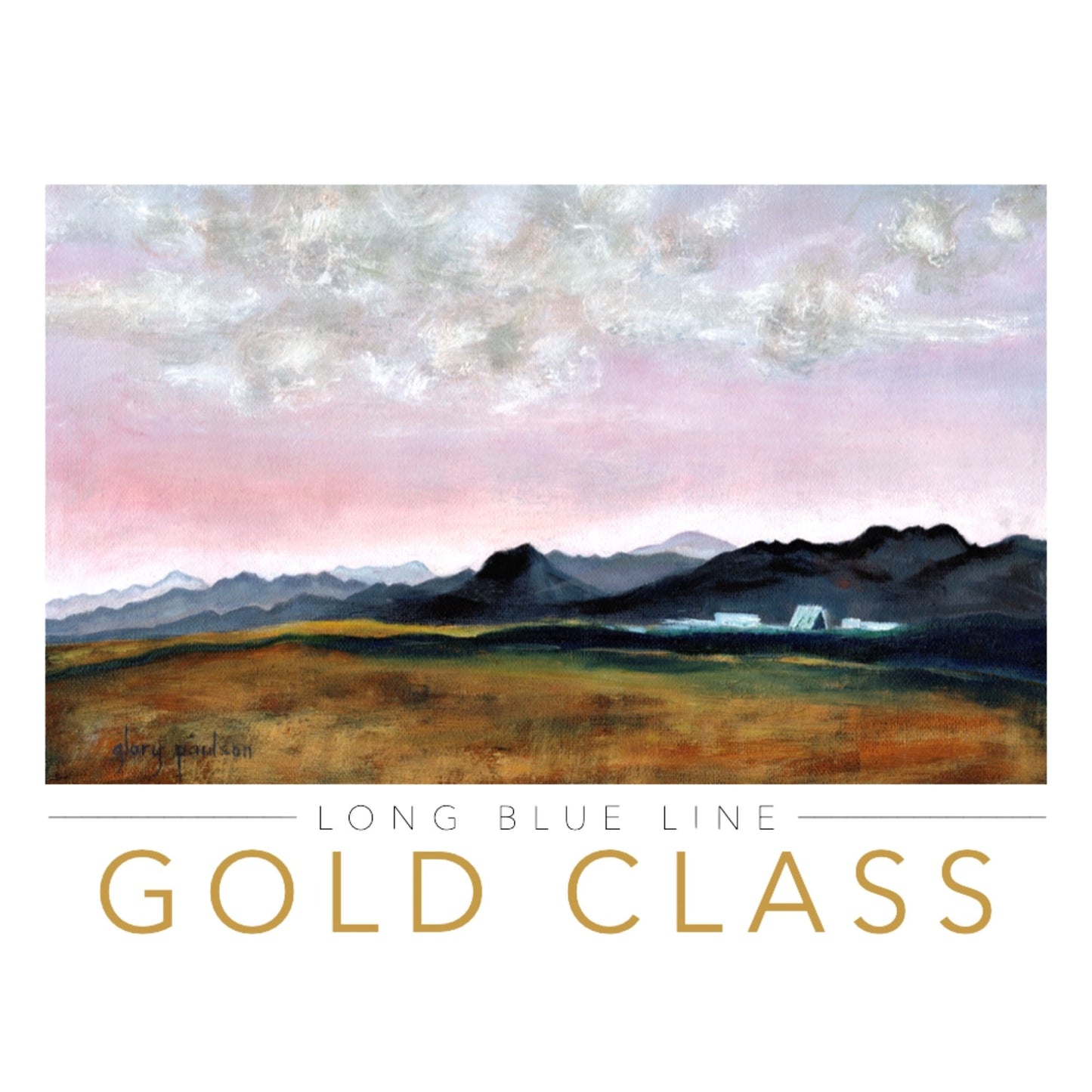 Air Force Long Blue Line Gold Class linen card with mountain landscape and Cadet Chapel artwork