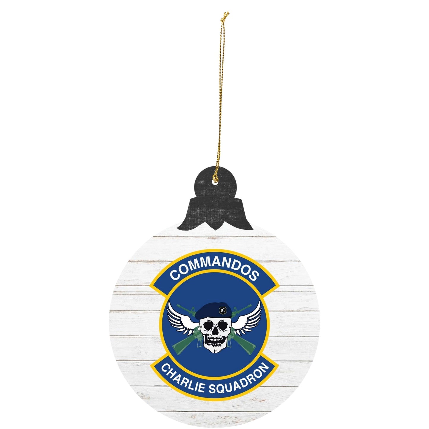 USAFA Prep School Charlie Squadron ‘Commandos’ tree ornament featuring skull and wings emblem on white wood-style background.
