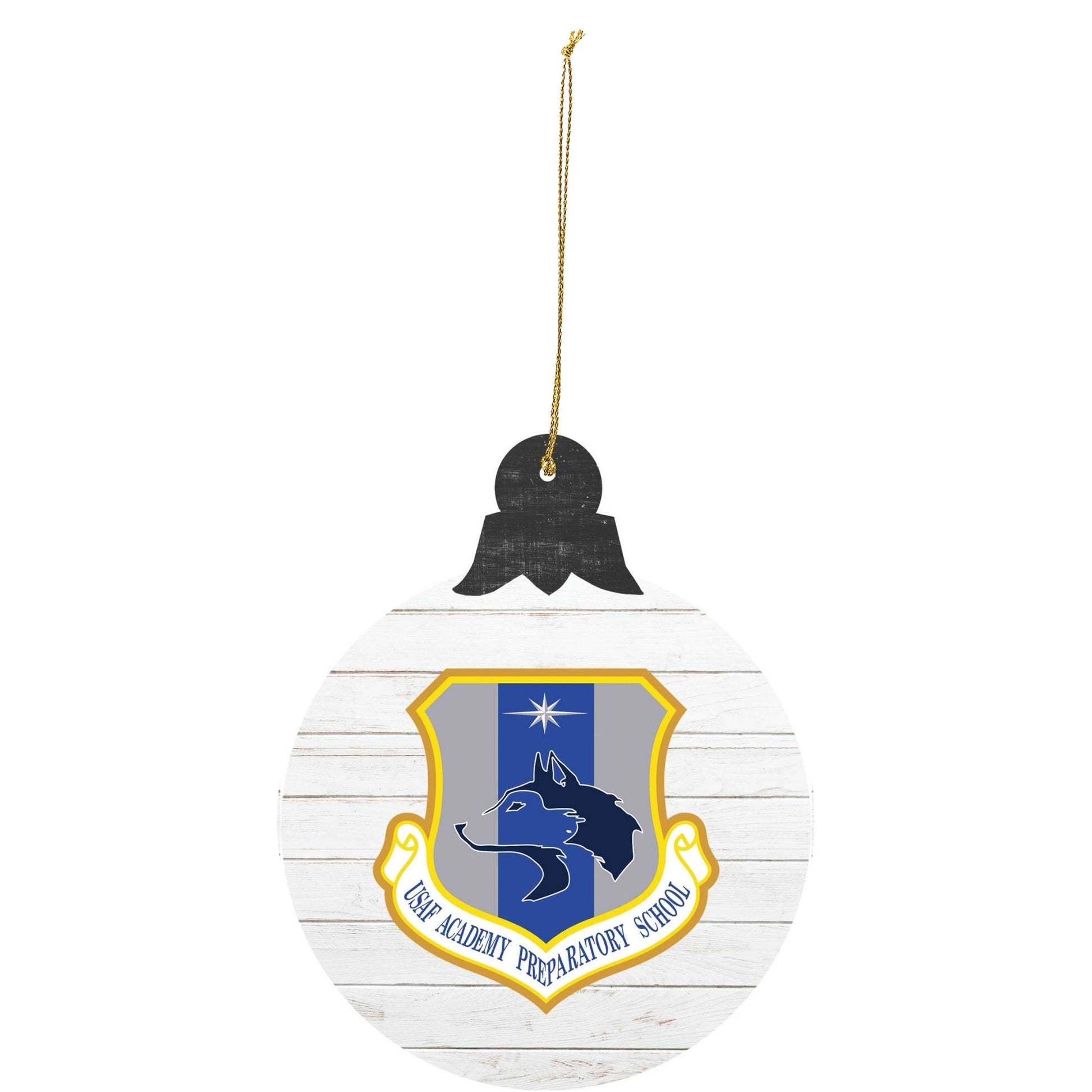 Air Force Academy Prep School Husky insignia tree ornament on white wood background