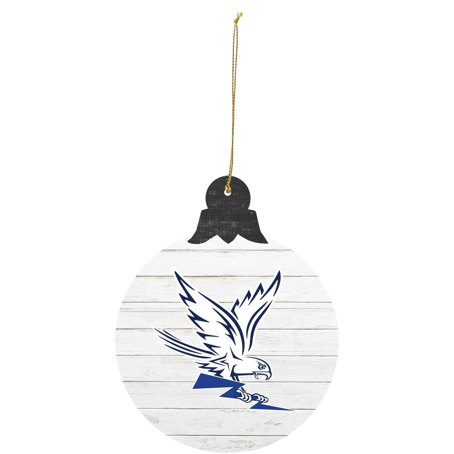 Spirit Falcon tree ornament featuring blue falcon mascot holding lightning bolt on white wood background