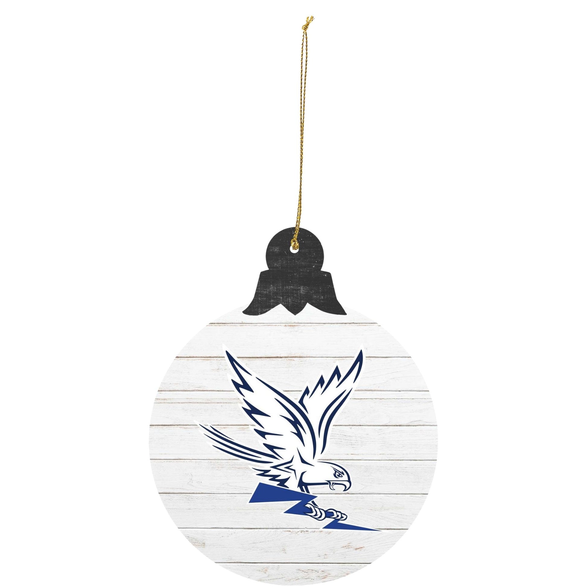 Spirit Falcon tree ornament featuring blue falcon mascot holding lightning bolt on white wood background