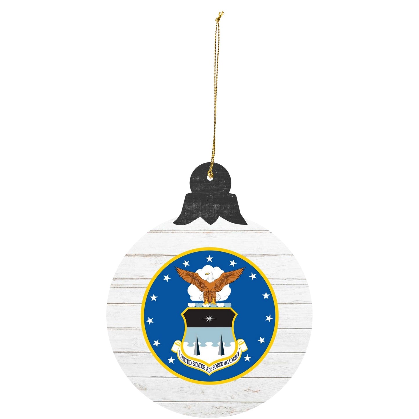 U.S. Air Force Academy Coat of Arms tree ornament with blue crest on white wood background