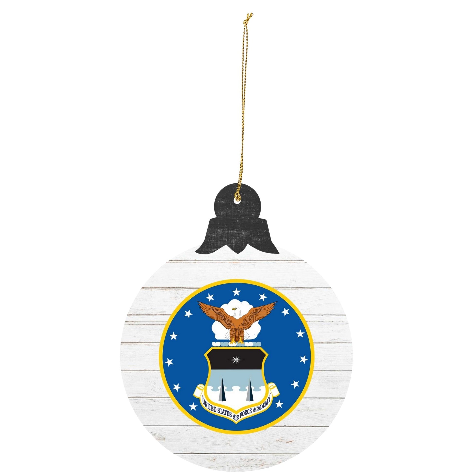U.S. Air Force Academy Coat of Arms tree ornament with blue crest on white wood background