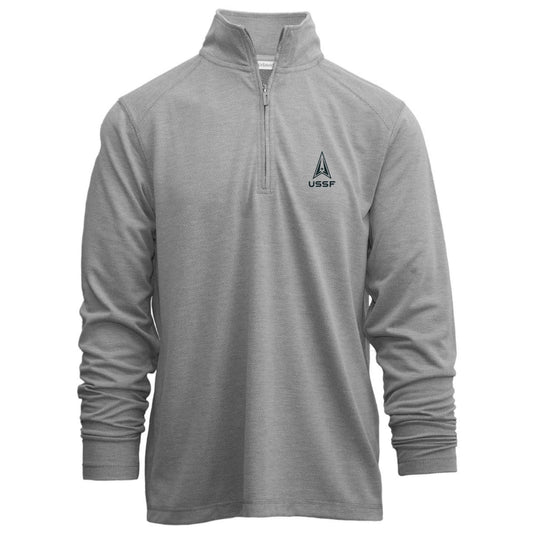 United States Space Force gray quarter zip pullover with embroidered Space Force Delta logo on left chest