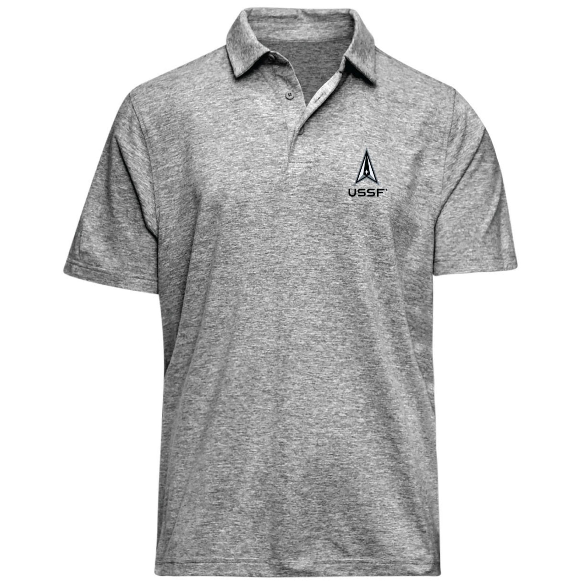 United States Space Force gray Velocity polo shirt with embroidered Space Force Delta logo