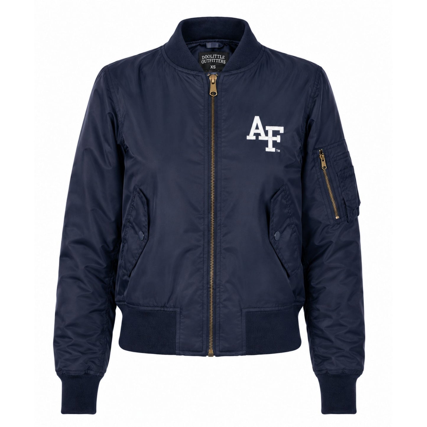 women's navy blue Air Force bomber jacket featuring an embroidered AF logo, full-zip front, rib-knit collar, cuffs, waistband, and utility sleeve pocket.