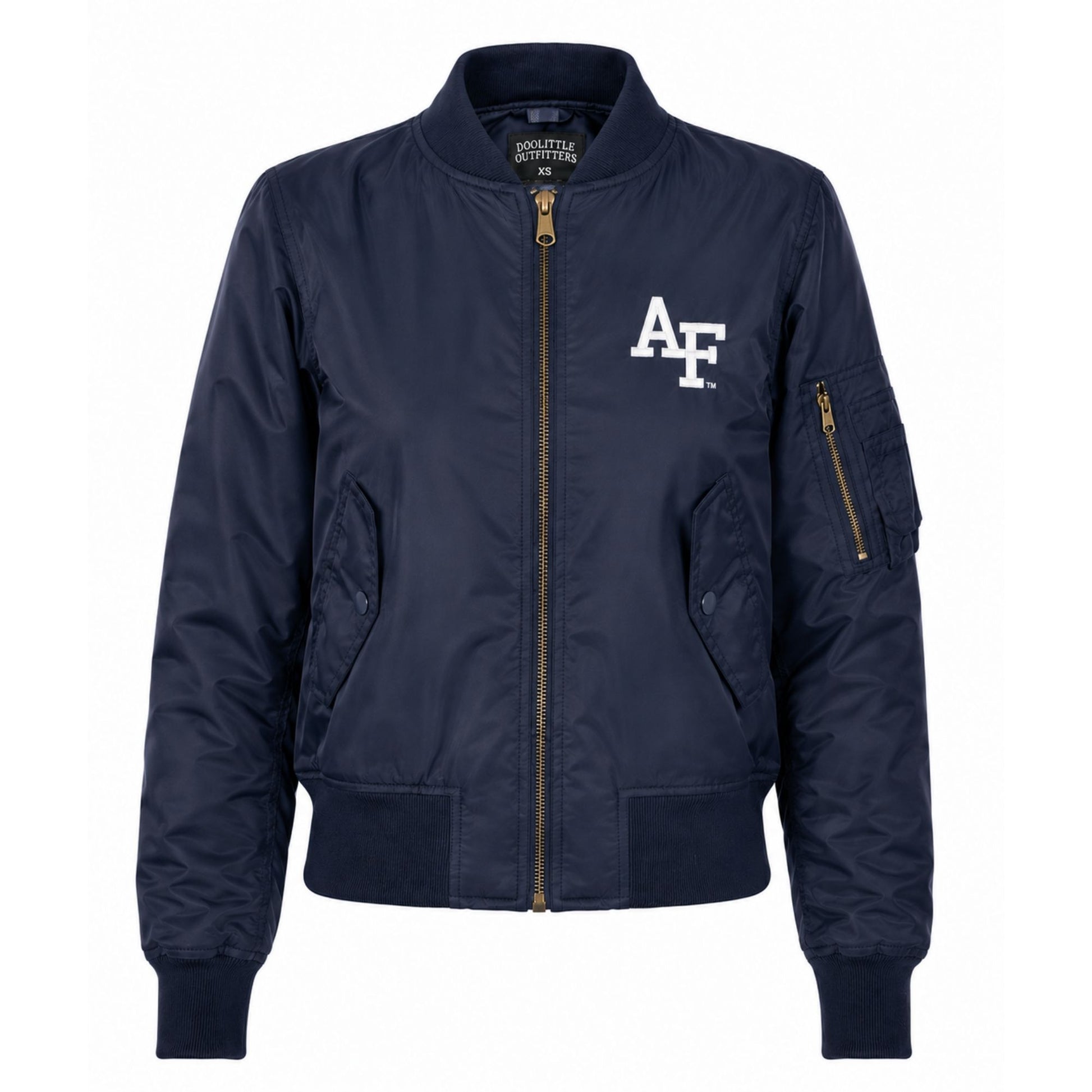 women's navy blue Air Force bomber jacket featuring an embroidered AF logo, full-zip front, rib-knit collar, cuffs, waistband, and utility sleeve pocket.