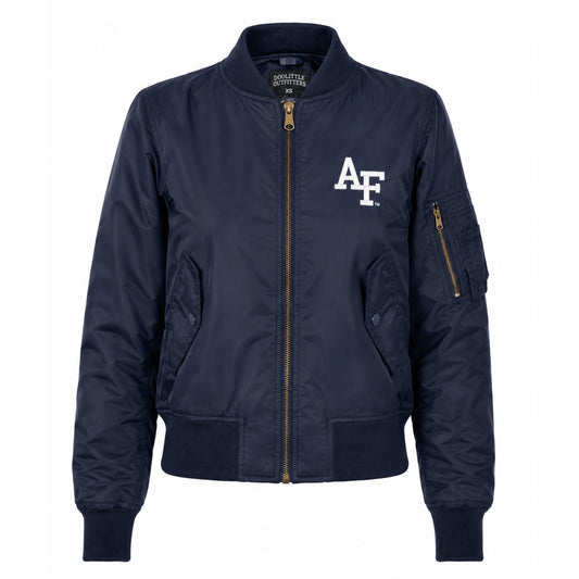 women's navy blue Air Force bomber jacket featuring an embroidered AF logo, full-zip front, rib-knit collar, cuffs, waistband, and utility sleeve pocket.