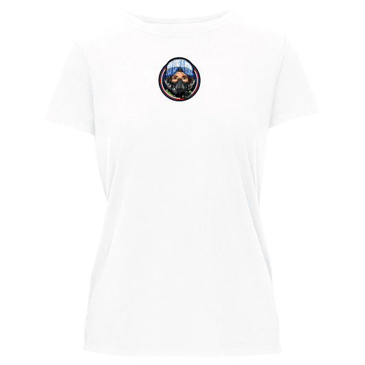 Women’s white Fly Like a Girl Air Force graphic t-shirt with aviation-inspired chest design and flattering women’s fit.