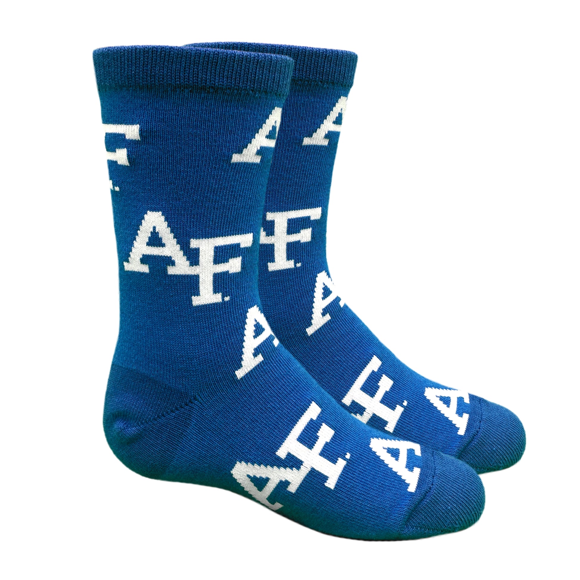 Youth Air Force Academy blue crew socks featuring an all-over white AF logo pattern