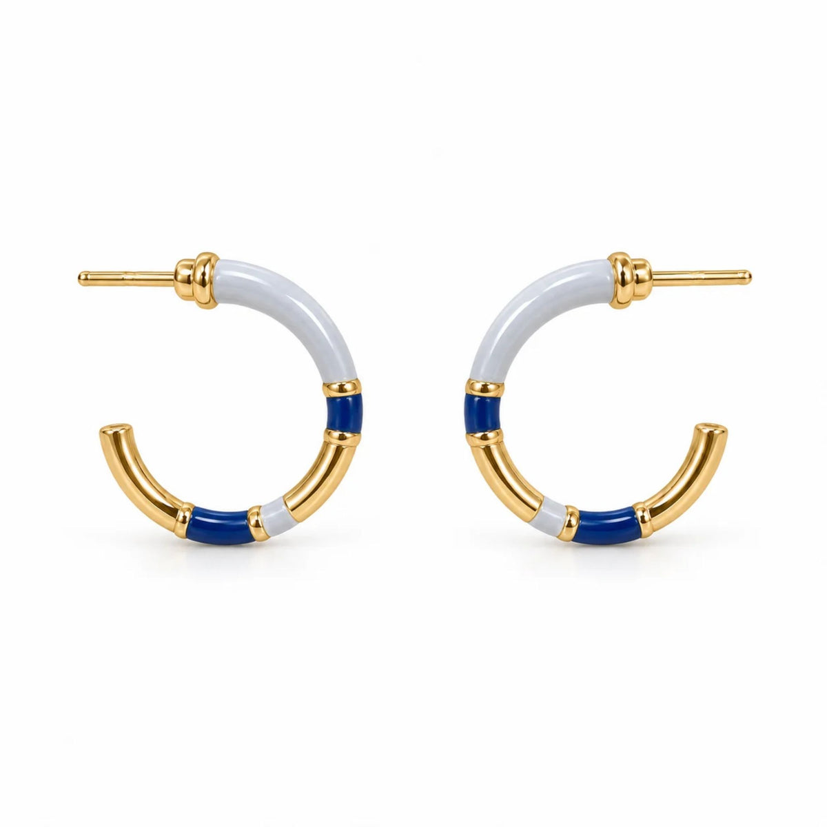 Academy Blue Enamel Hoop Earrings with gold-tone segmented hoops and surgical steel posts.