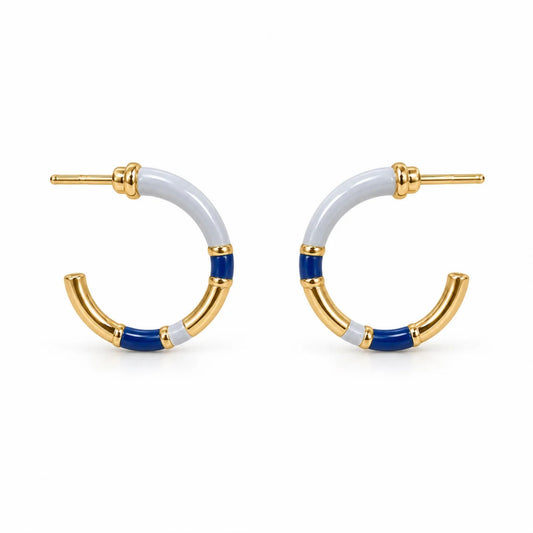 Academy Blue Enamel Hoop Earrings with gold-tone segmented hoops and surgical steel posts.