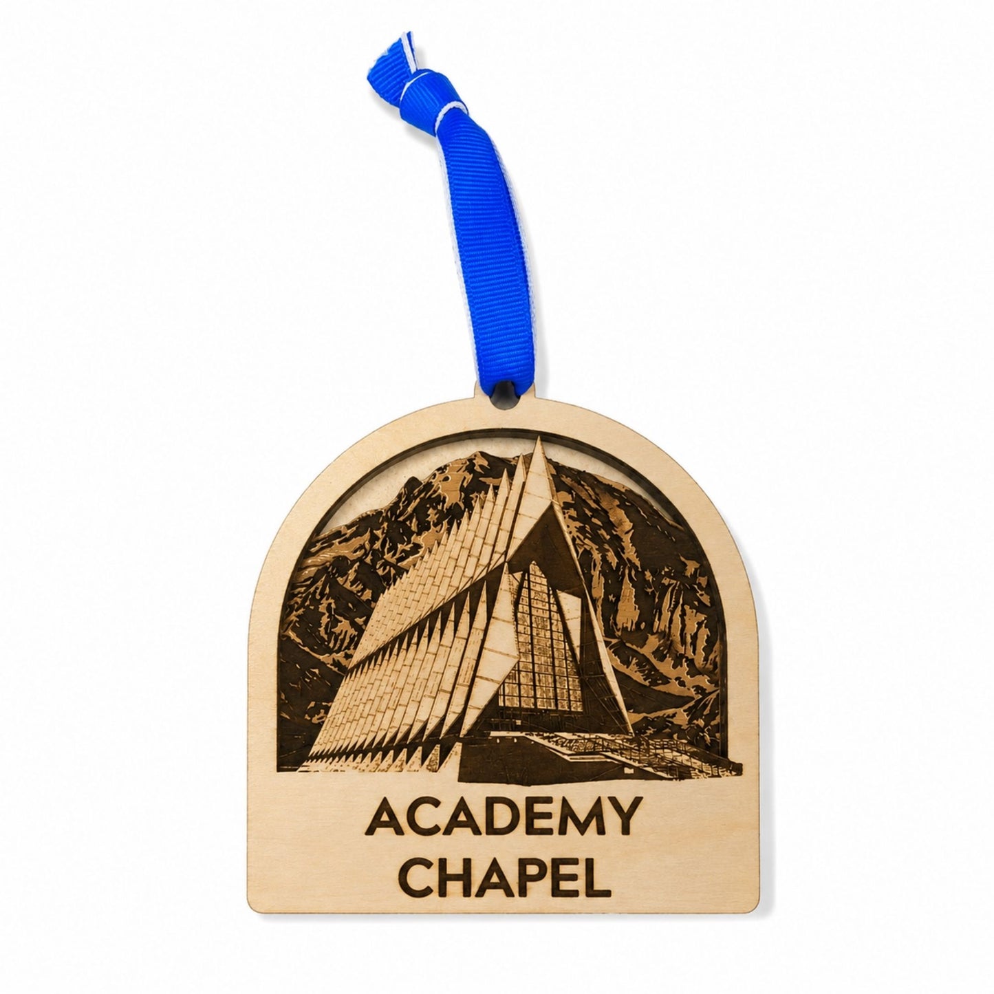 Cherry wood Academy Chapel ornament featuring a detailed laser-engraved design of the United States Air Force Academy Chapel with a royal blue hanging ribbon.