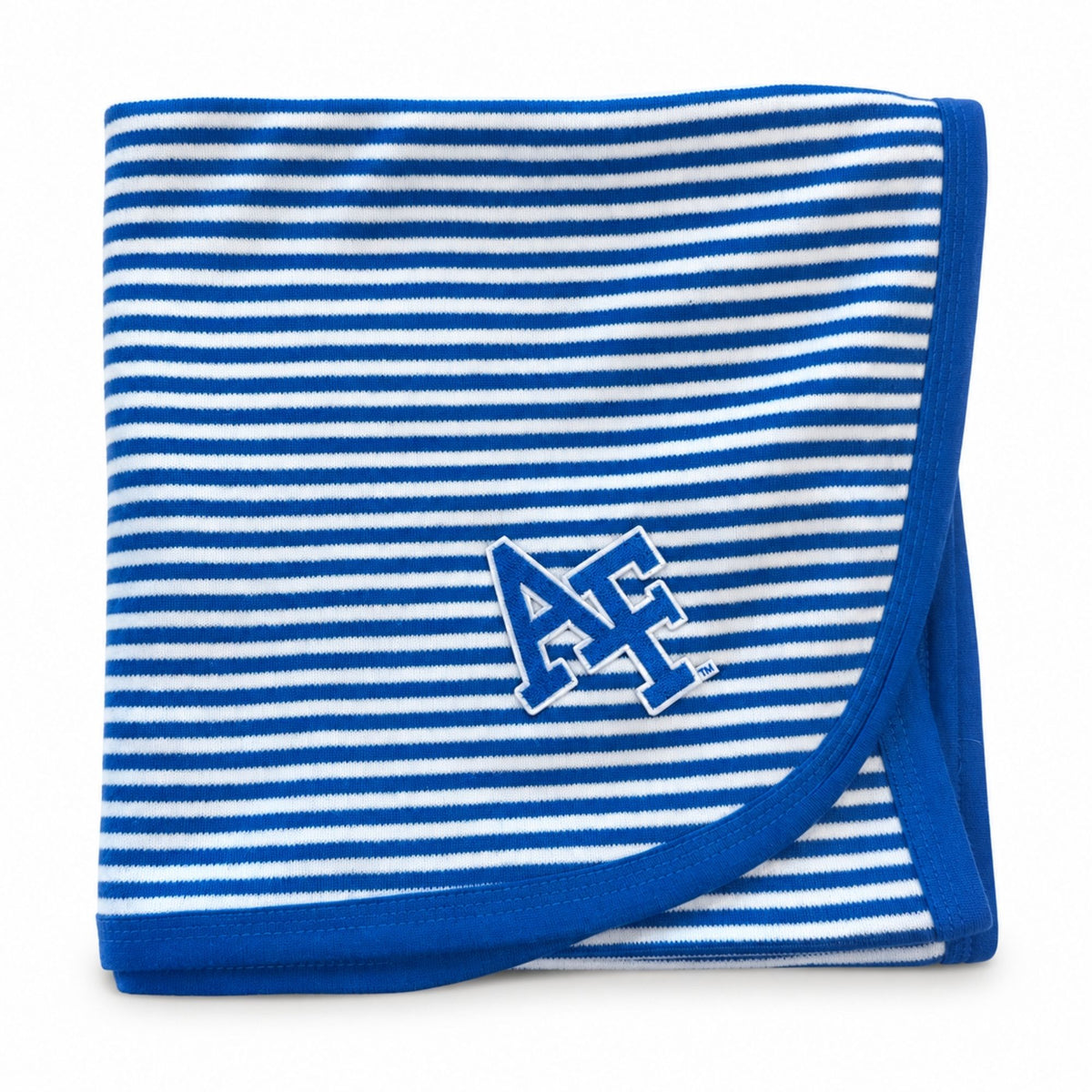 Academy Striped Baby Blanket with blue-and-white stripes, blue trim, and embroidered AF logo