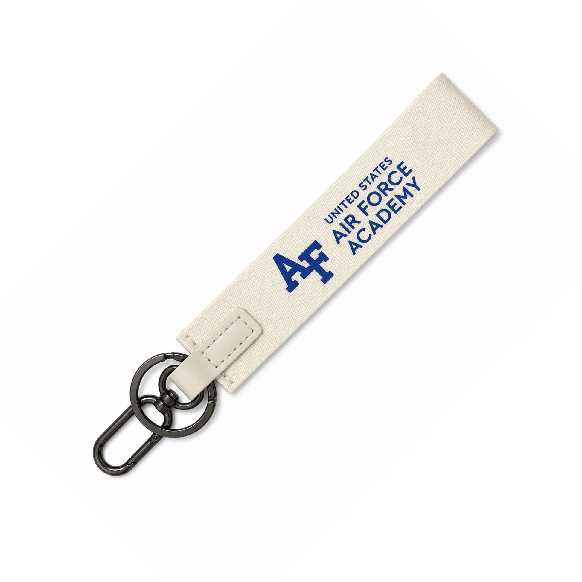 Cream USAFA Academy Wristlet Keychain with blue Air Force Academy graphics and metal clasp hardware.