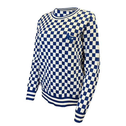 Blue and cream AF checkered knit sweater with embroidered AF logo on the chest