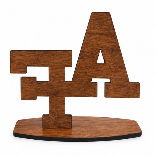 Cherry wood AF desk sitter featuring the iconic interlocking Air Force letters on a freestanding wooden base.