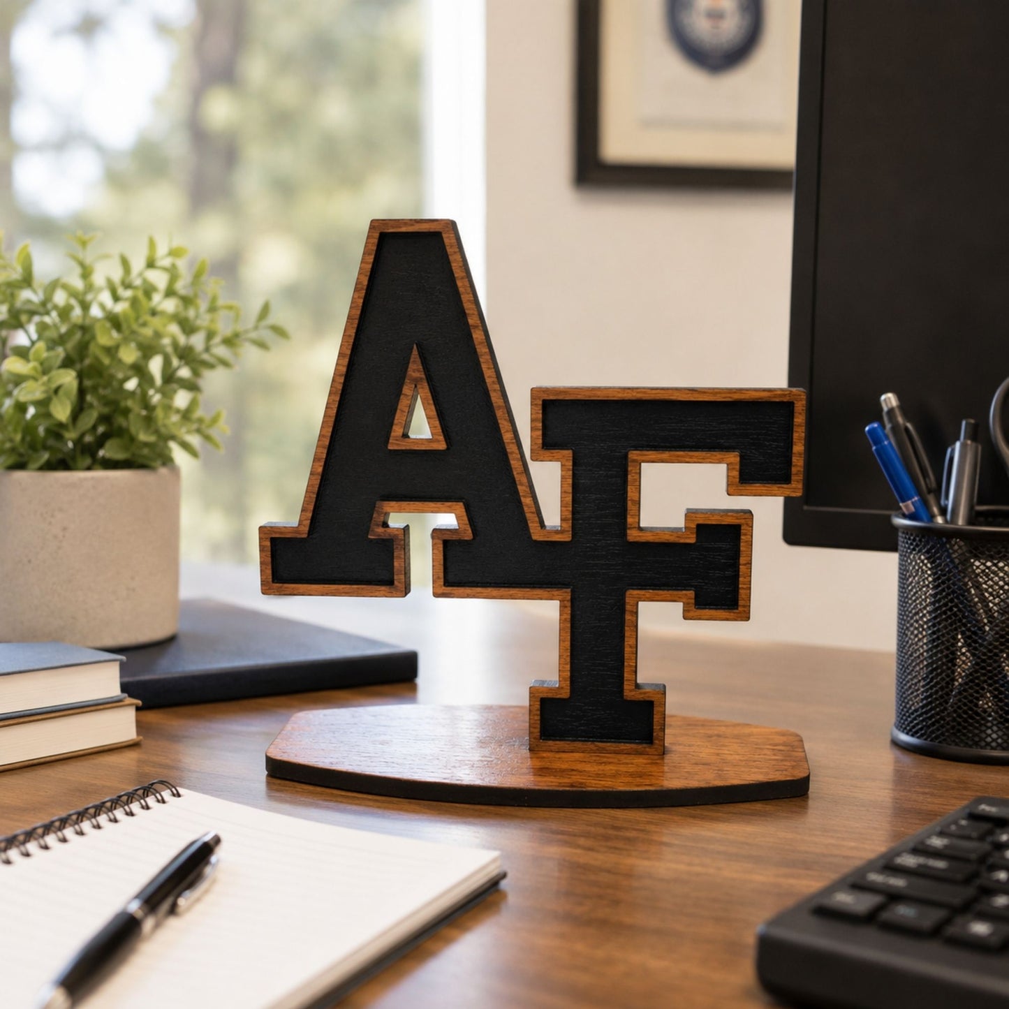 Cherry wood AF desk sitter featuring the iconic interlocking Air Force letters on a freestanding wooden base.