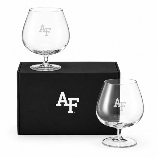 Set of two 24 oz clear brandy glasses with precision-etched AF logos displayed with a premium black gift box.