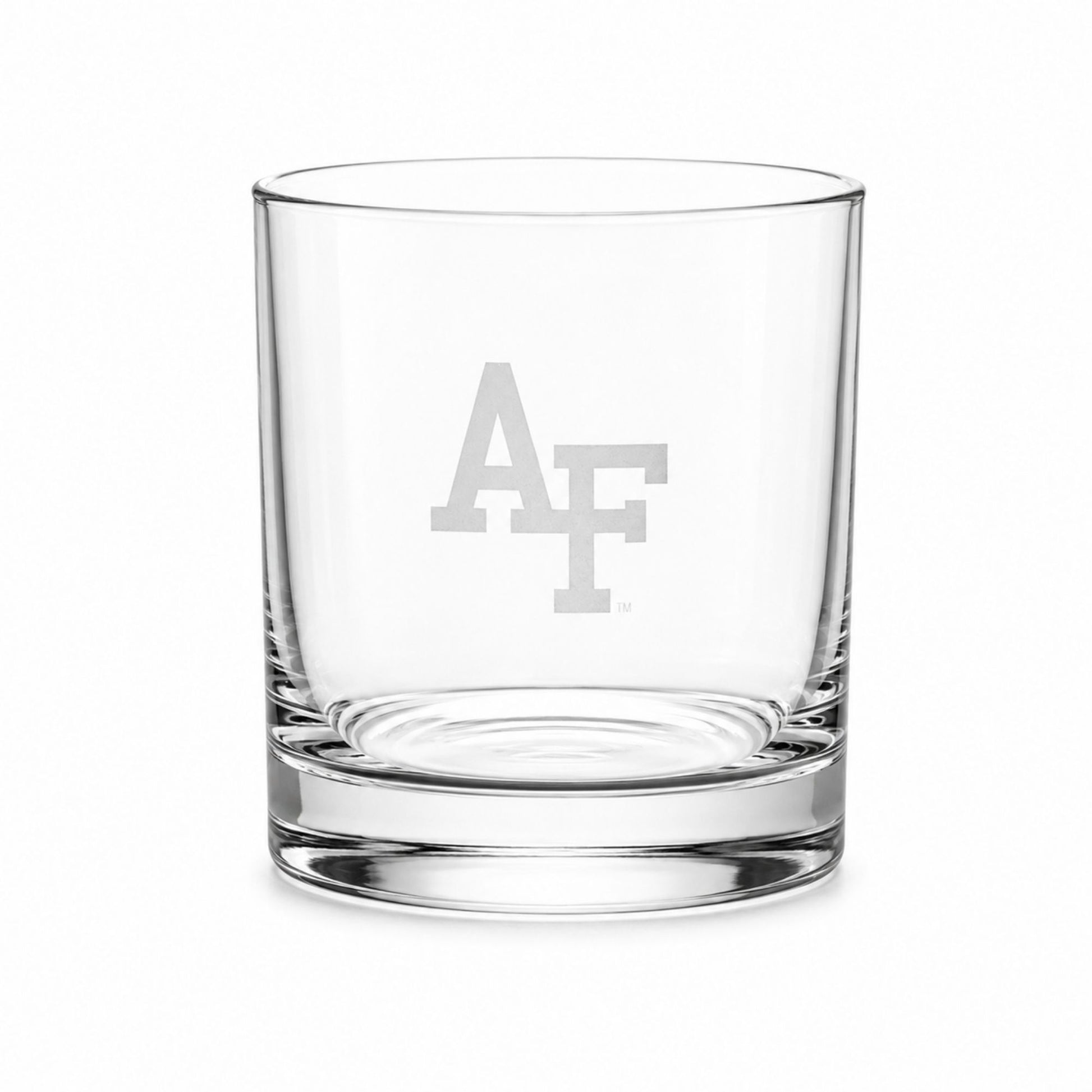 Clear 14 oz rocks glass featuring a precision-etched AF logo on the front.