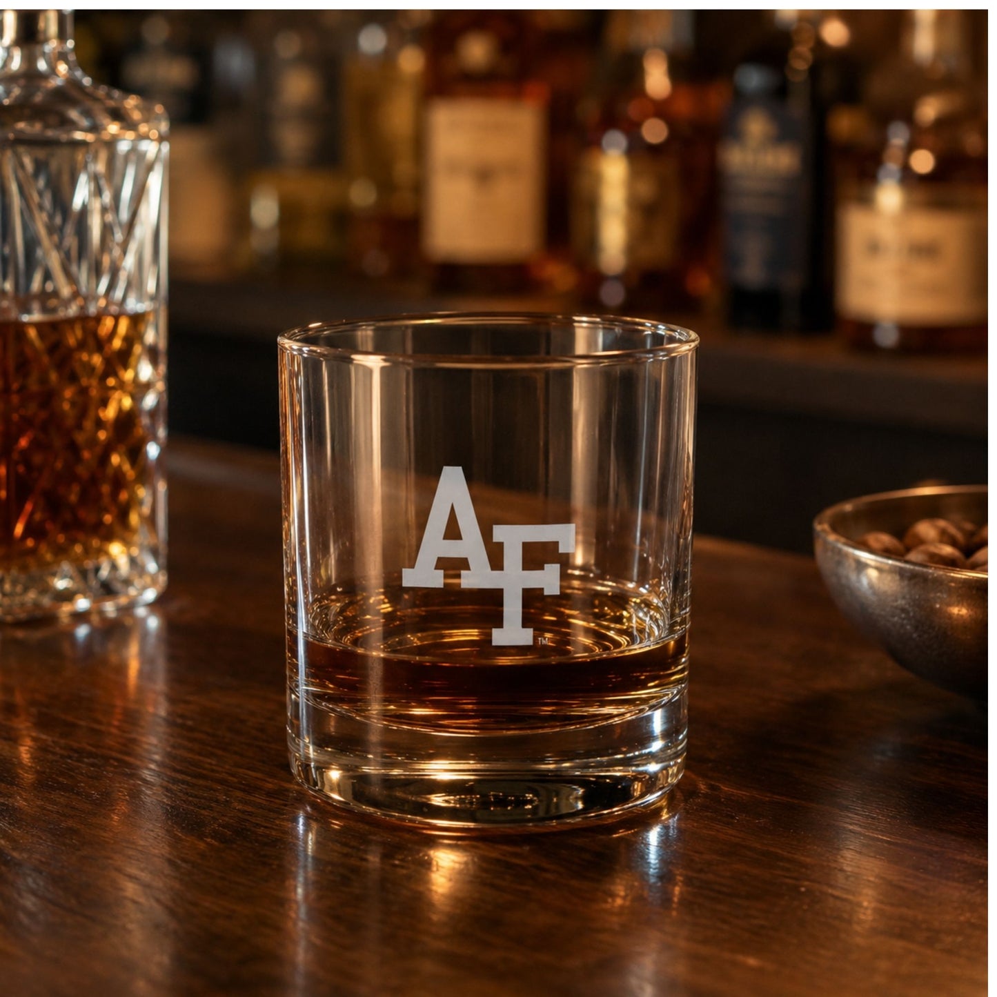 Set of two 14 oz clear rocks glasses with precision-etched AF logos displayed with a premium black gift box.