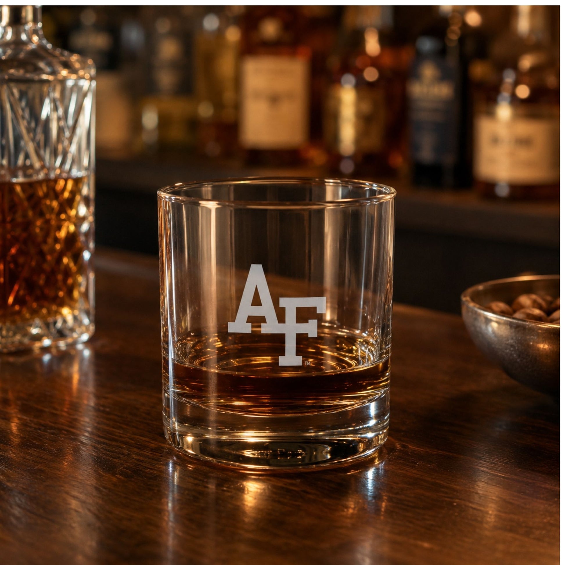 Set of two 14 oz clear rocks glasses with precision-etched AF logos displayed with a premium black gift box.