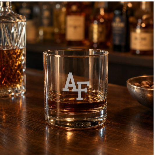Set of two 14 oz clear rocks glasses with precision-etched AF logos displayed with a premium black gift box.