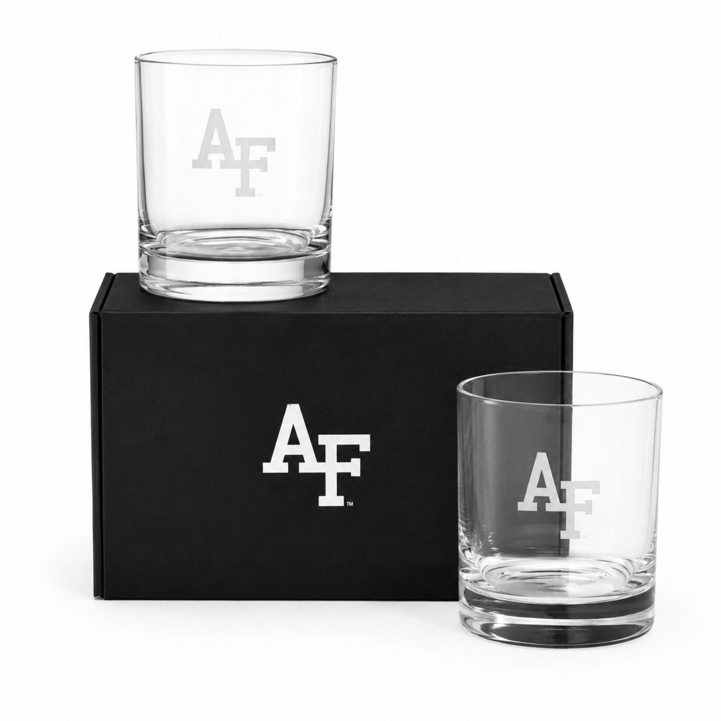 Set of two 14 oz clear rocks glasses with precision-etched AF logos displayed with a premium black gift box.
