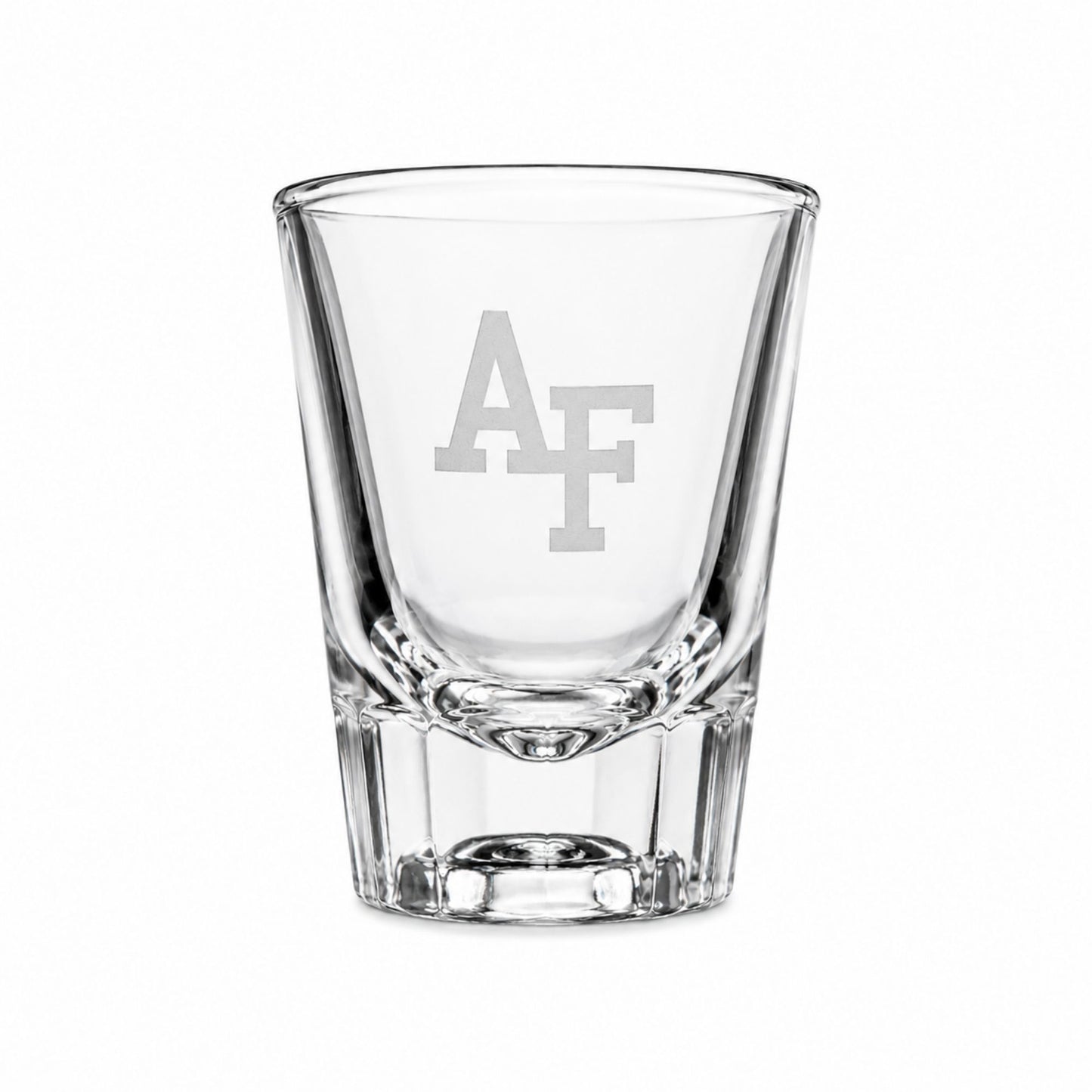 Clear 2 oz shot glass featuring a precision-etched AF logo on the front with a heavy glass base.