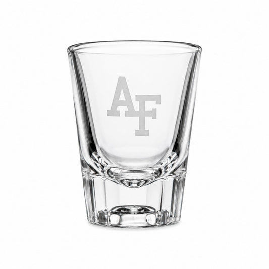 Clear 2 oz shot glass featuring a precision-etched AF logo on the front with a heavy glass base.