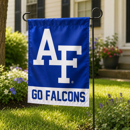 AF Go Falcons Garden & Window Flag featuring the Air Force Academy AF logo and Go Falcons design displayed on a garden stand.