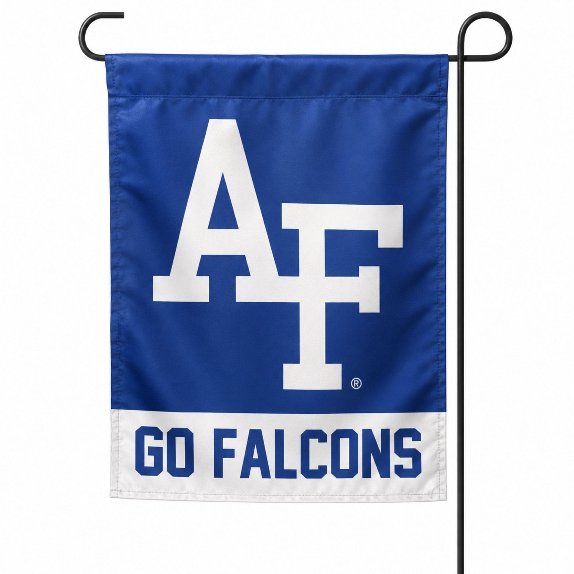 AF Go Falcons Garden & Window Flag featuring the Air Force Academy AF logo and Go Falcons design displayed on a garden stand.