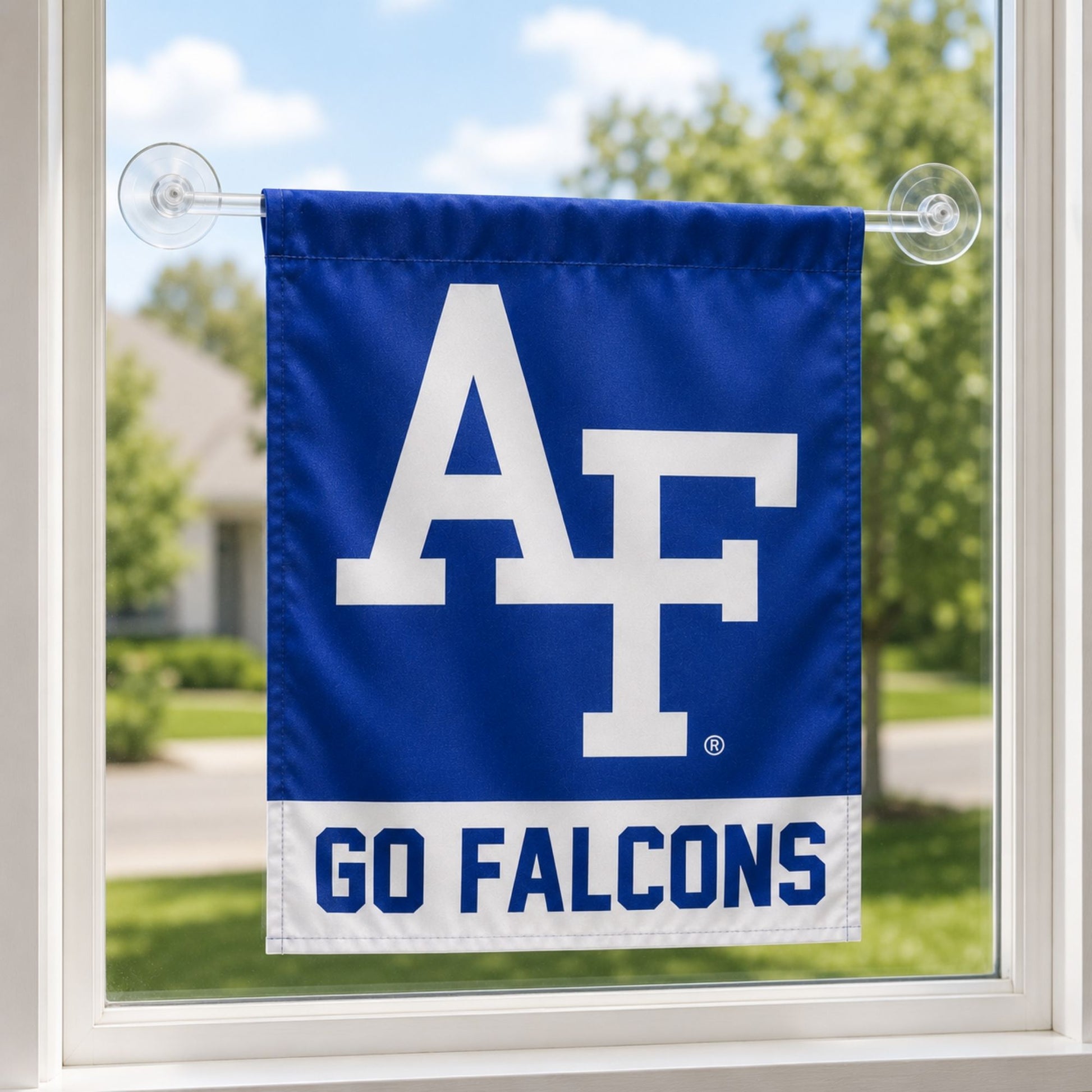 AF Go Falcons Garden & Window Flag featuring the Air Force Academy AF logo and Go Falcons design displayed on a garden stand.