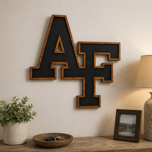 Cherry wood AF wall hanger featuring the iconic interlocking Air Force letters with a black inset design.