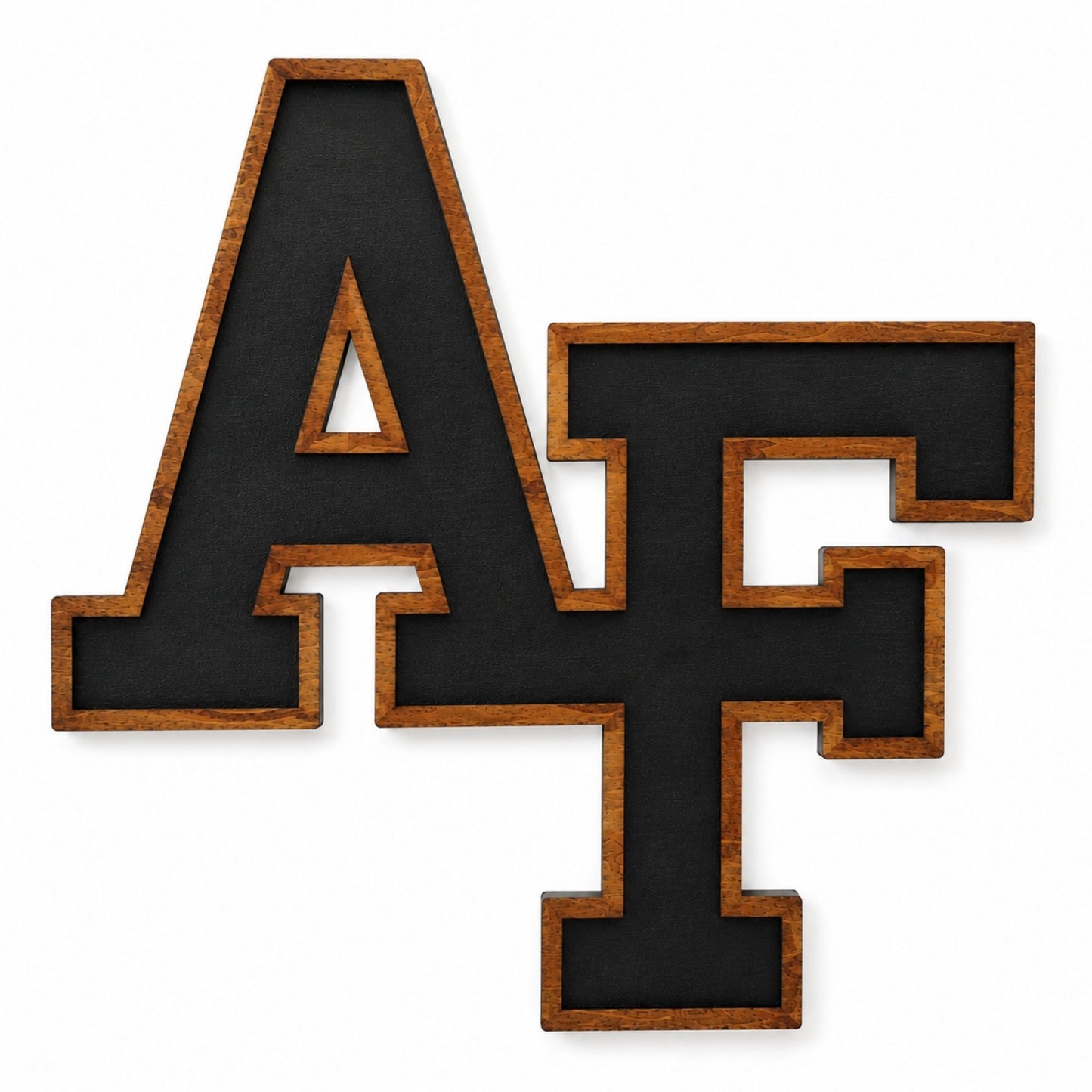 Cherry wood AF wall hanger featuring the iconic interlocking Air Force letters with a black inset design.