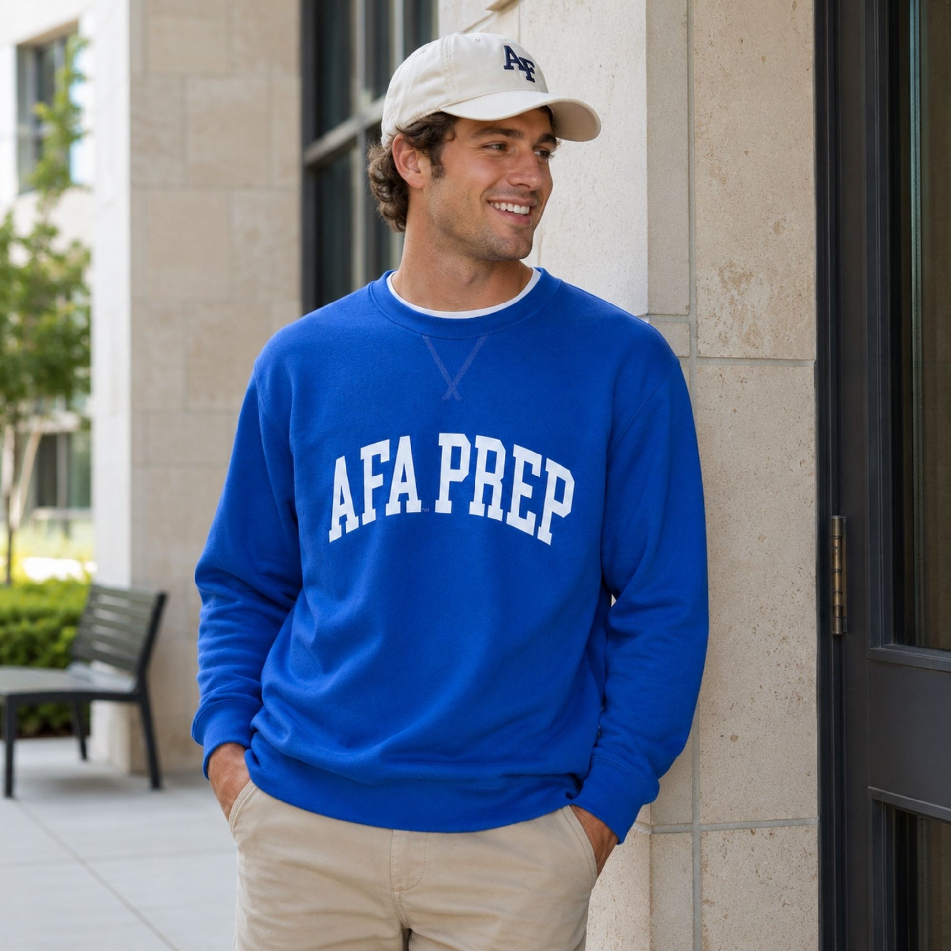Royal blue AFA Prep School Classic Crew sweatshirt with white collegiate AFA PREP lettering on the front.