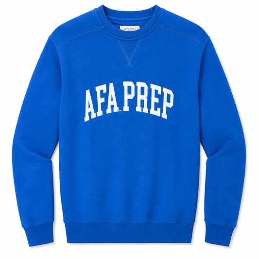 Royal blue AFA Prep School Classic Crew sweatshirt with white collegiate AFA PREP lettering on the front.