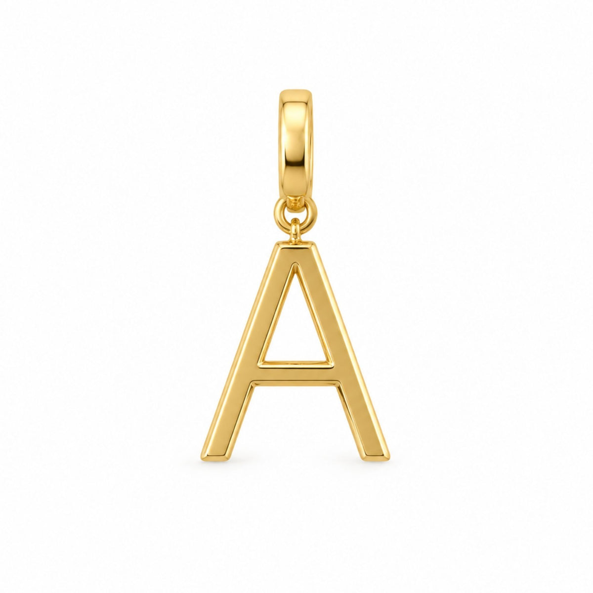 Polished 18k gold-plated A charm with clasp, designed to pair with the F charm to represent Air Force