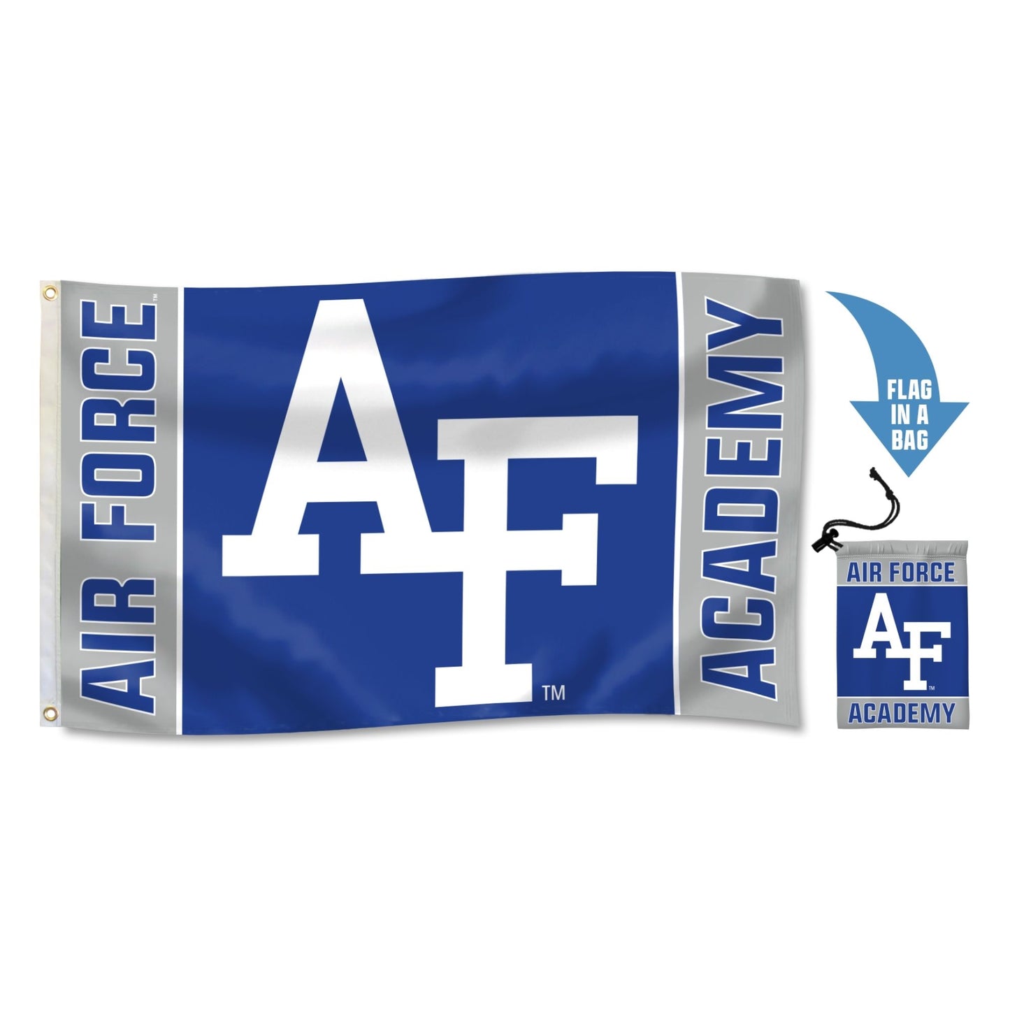 Air Force Academy AF logo blue flag with “Air Force” and “Academy” vertical text, includes drawstring flag-in-a-bag storage pouch